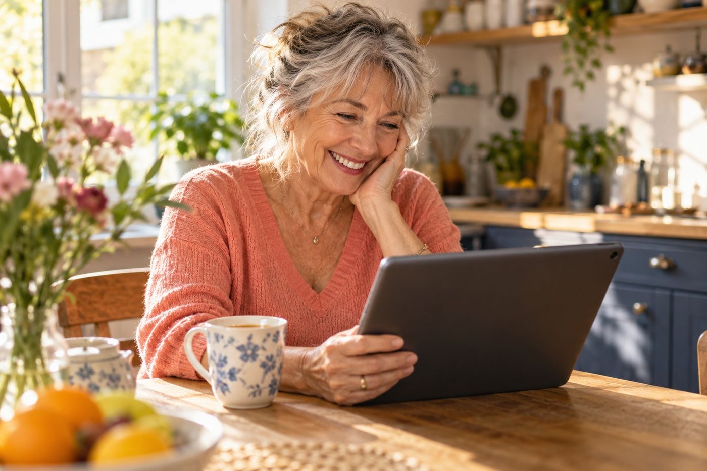 Une femme souriante découvre le site sur sa tablette